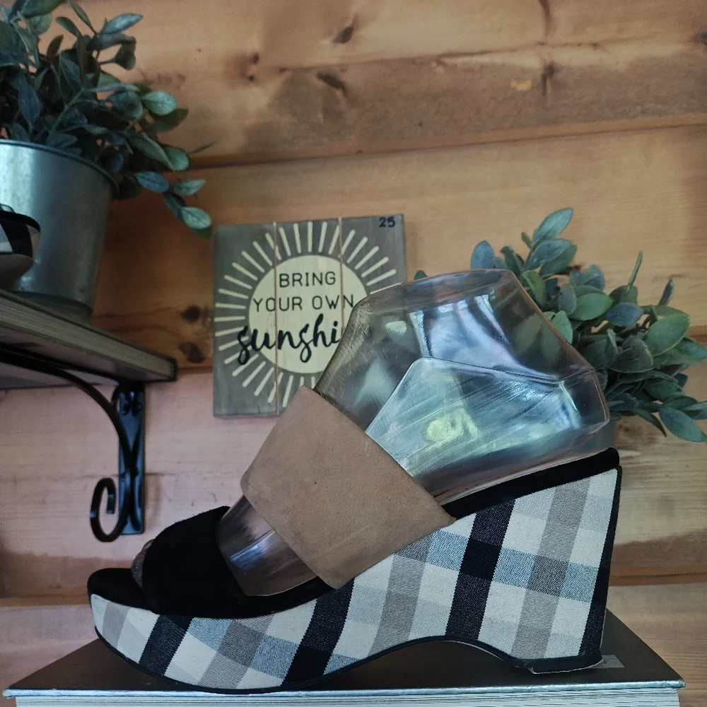 Sacha London Kali Leather Plaid Fabric Slip On Platform Wedge Heels Sandals Sz 6